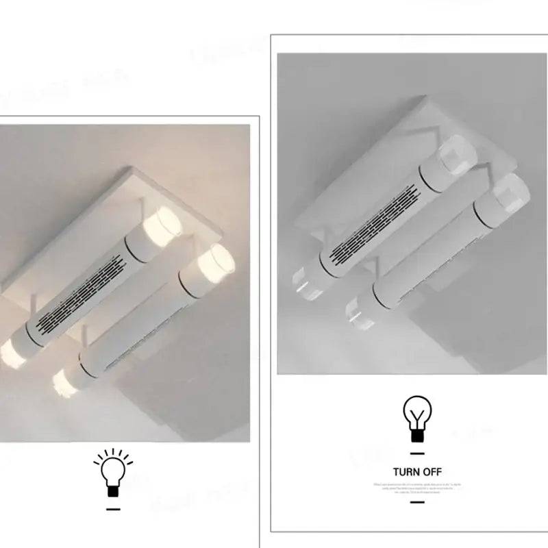 Modern white bladeless ceiling fan with three cylindrical led tubes and integrated led light for bedroom use
