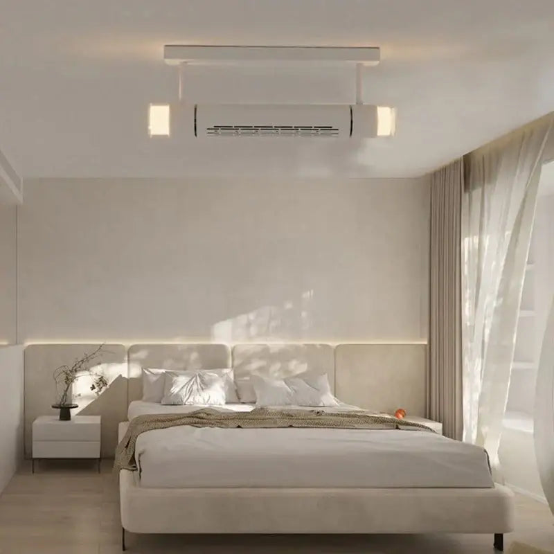 Modern white bladeless ceiling fan with integrated led light and ceiling-mounted air conditioner for bedroom use