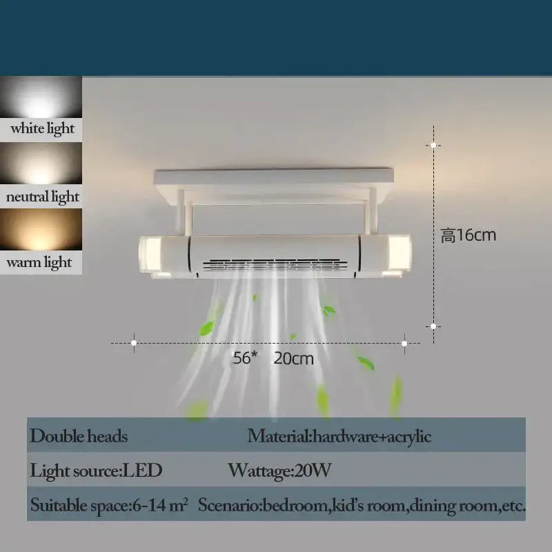 Modern white bladeless ceiling fan with led light featuring a dual-head white led ceiling-mounted air purifier with acrylic design