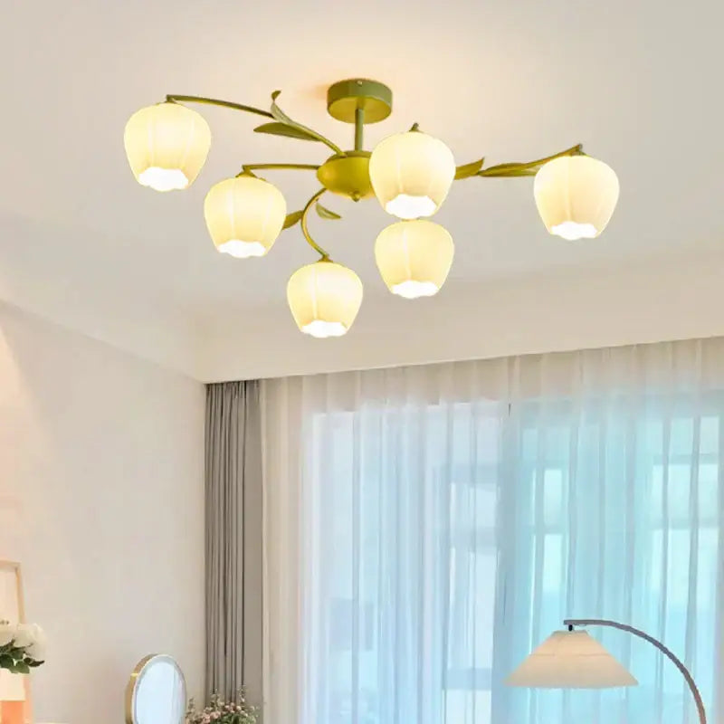 Modern white branch ceiling chandelier with green metal decorbites branch frame and five warm frosted glass lampshades