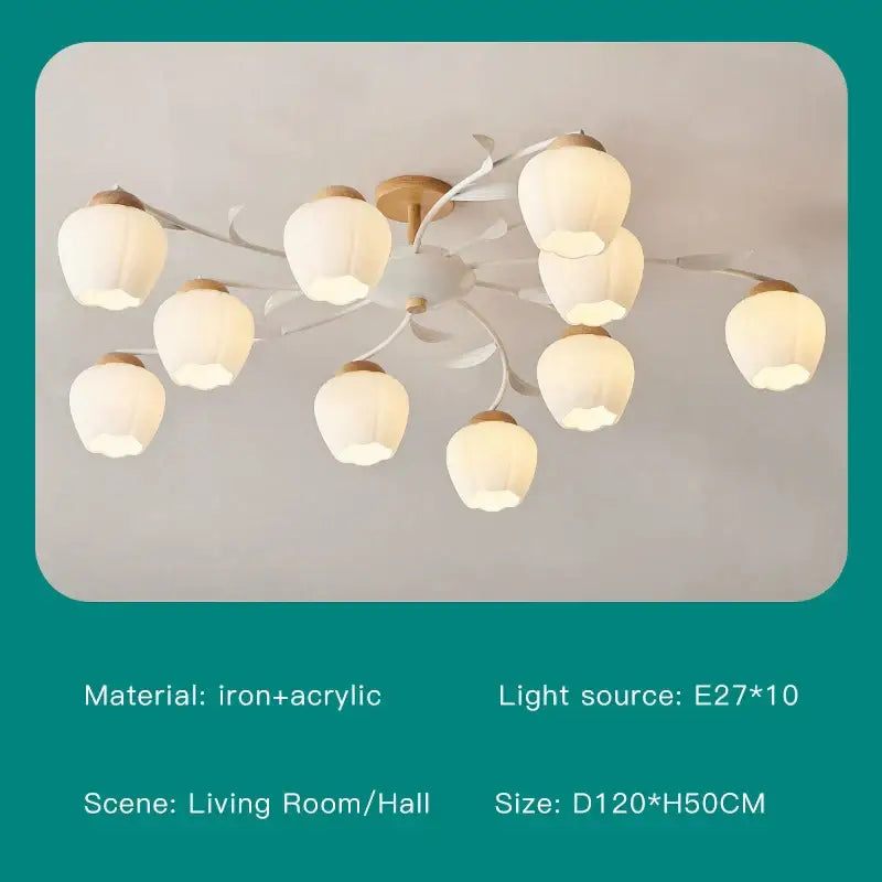 Modern white branch ceiling chandelier with white and gold floral design, nine iron and acrylic lantern shades decorbites branch ceiling