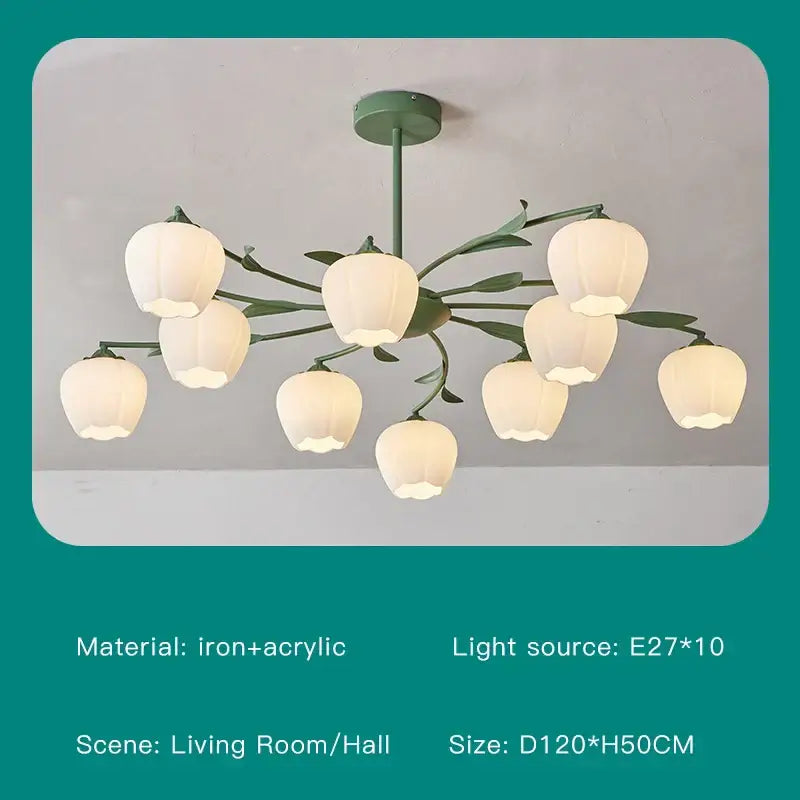 Modern white branch ceiling chandelier with ten white bell-shaped lampshades on a green iron and acrylic decorbites branch ceiling fixture
