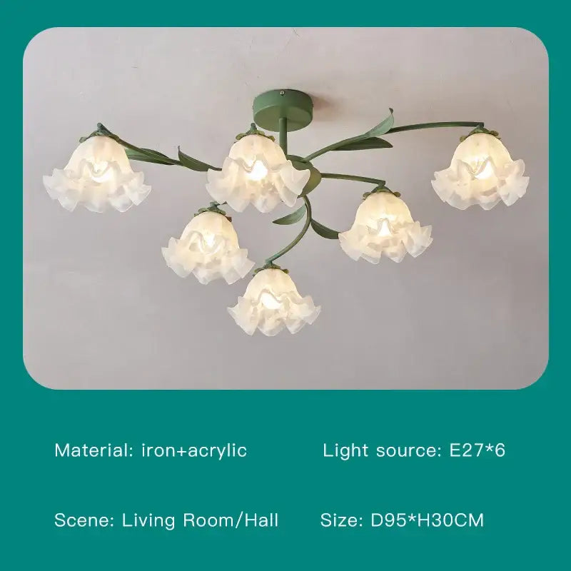 Green iron and acrylic decorbites branch ceiling chandelier with five frosted glass flower shades for living room lighting