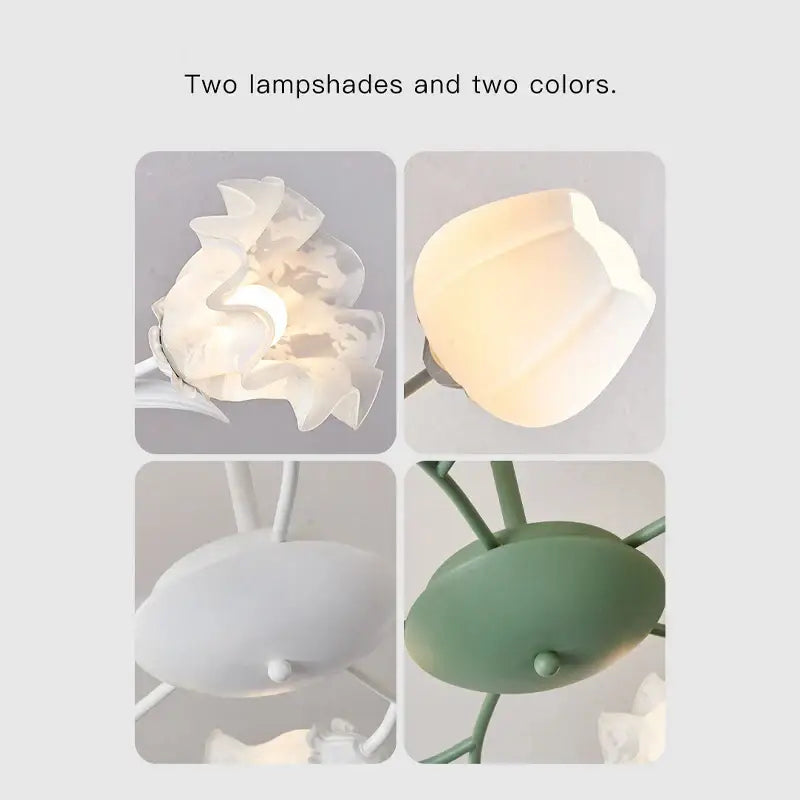 Modern white branch ceiling chandelier with white and sage green ceramic ruffled lampshades by decorbites branch ceiling