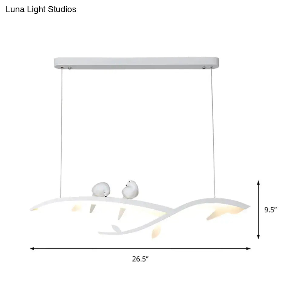 DecorBites modern white acrylic branch pendant light with warm white light and two small bird figurines