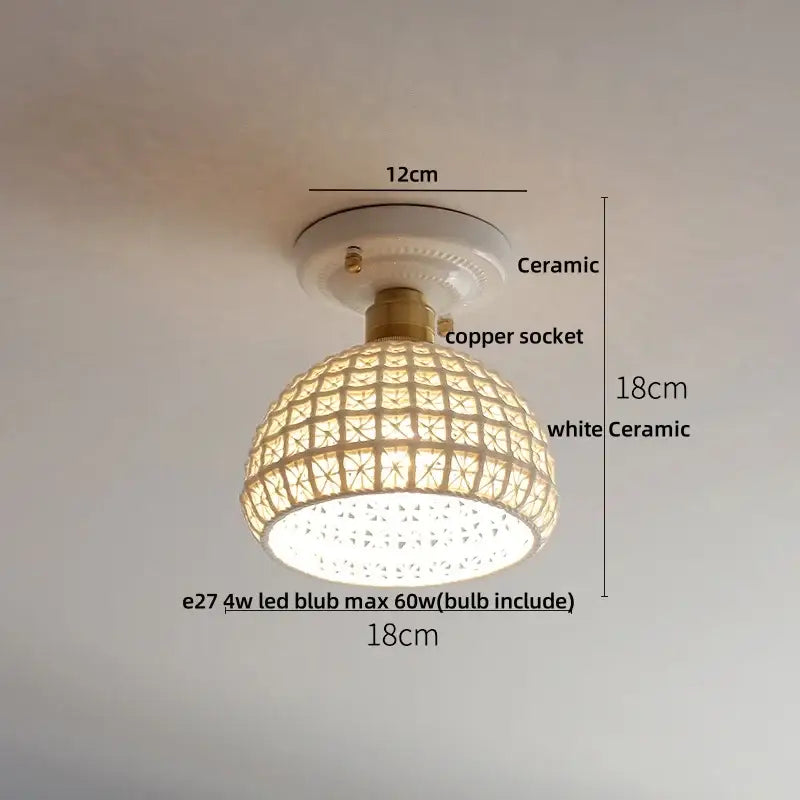 Modern white and brass ceramic led ceiling lamp with warm glowing woven rattan shade for bedroom lighting