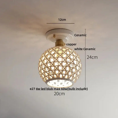 Modern white and brass ceramic led ceiling lamp with spherical woven bamboo shade and copper accents for bedroom use