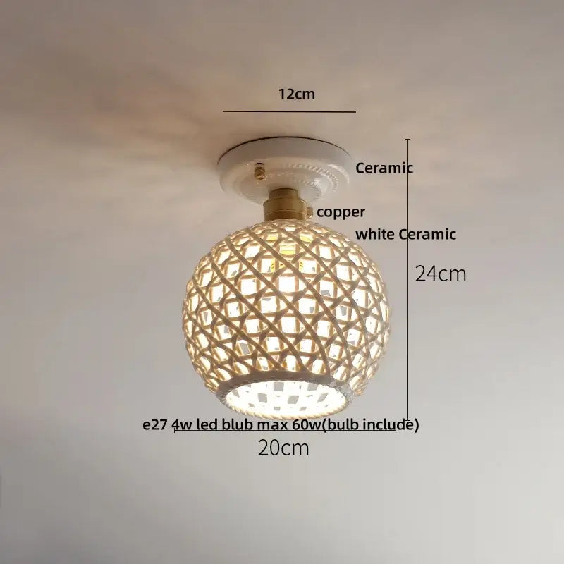Modern white and brass ceramic led ceiling lamp with spherical woven bamboo shade and copper accents for bedroom use