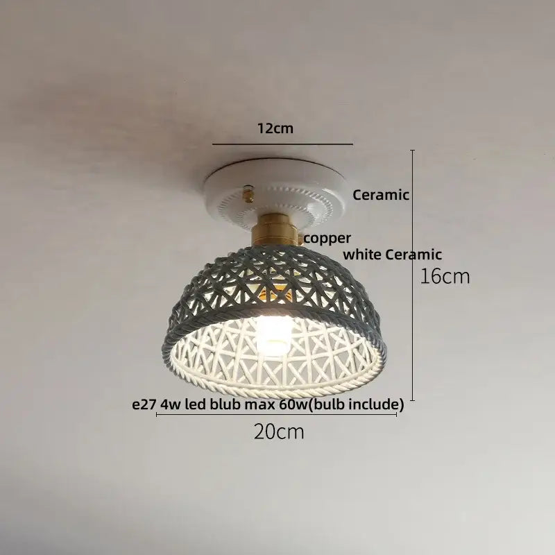 Modern white and brass ceramic led ceiling lamp with woven gray and white lattice shade for bedroom lighting