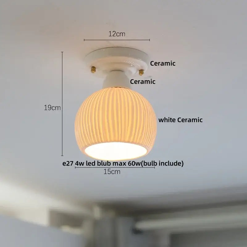 Modern white and brass ceramic led ceiling lamp with ribbed spherical glass shade and e27 led bulb for bedroom lighting