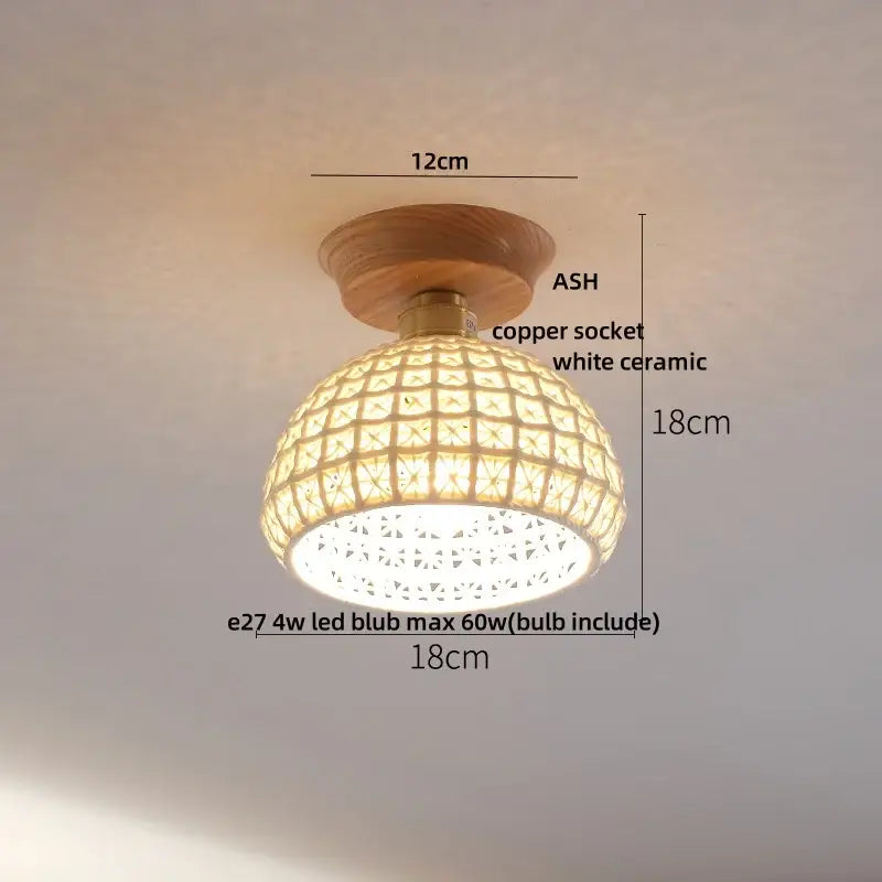 Modern white and brass ceramic led ceiling lamp with a warm-toned woven design natural wood base and copper socket