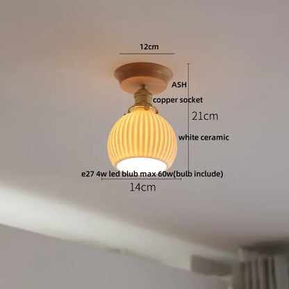 Modern white ceramic led ceiling lamp with warm-toned ribbed design copper socket and ash wood ceiling mount