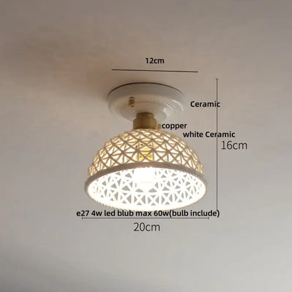 Modern white and brass ceramic led ceiling lamp with geometric lattice design and copper accents for bedroom use