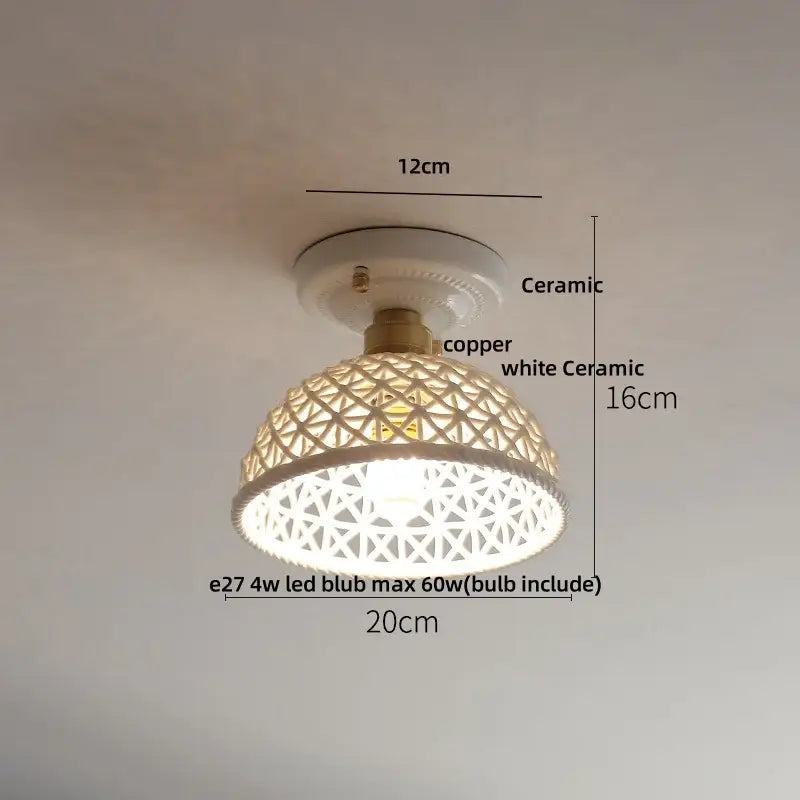 Modern white and brass ceramic led ceiling lamp with geometric lattice design and copper accents for bedroom use