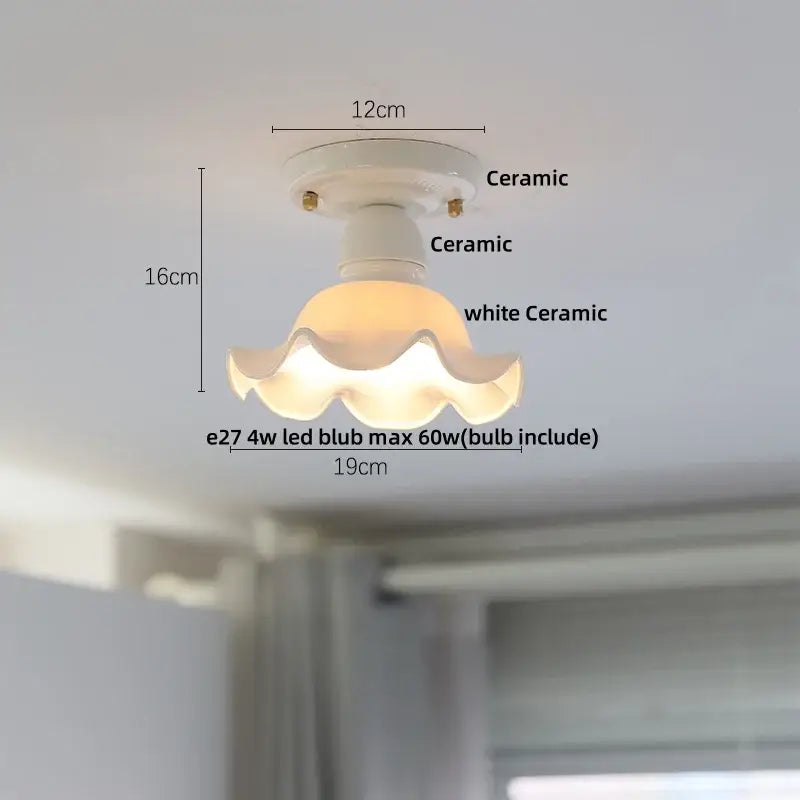 Modern white and brass ceramic led ceiling lamp with fluted petal shade and e27 led bulb for bedroom lighting