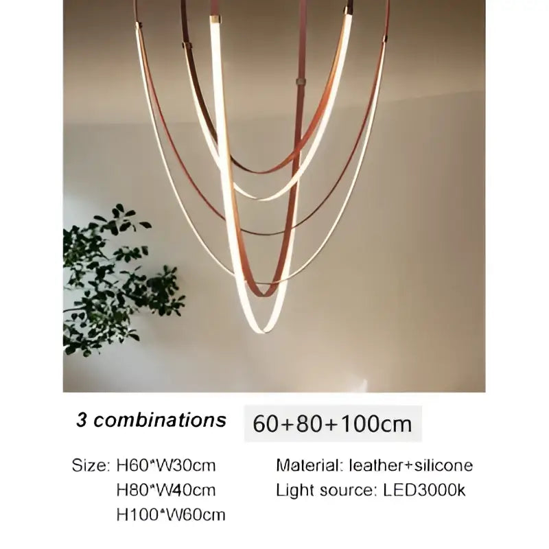 Modern white and brown decorbites designer villa chandelier with curved led light and intertwined leather silicone bands in copper tones