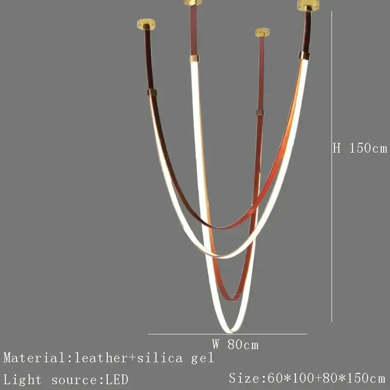 Modern white and brown leather chandelier with three curved arms featuring glowing led belt pendant light sources