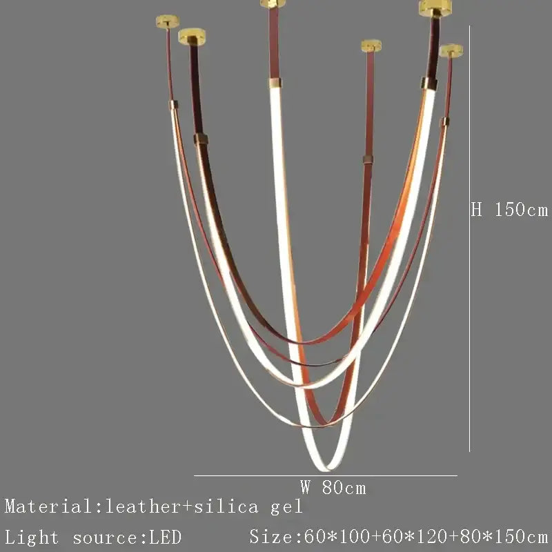 Modern white and brown leather chandelier with five curved bands and gold-toned belt pendant light fixtures
