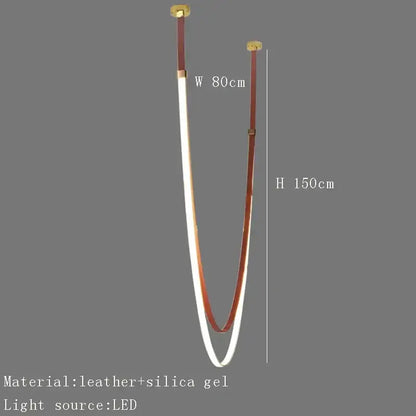 Modern white and brown leather chandelier featuring a curved led belt pendant light with translucent silica gel casing