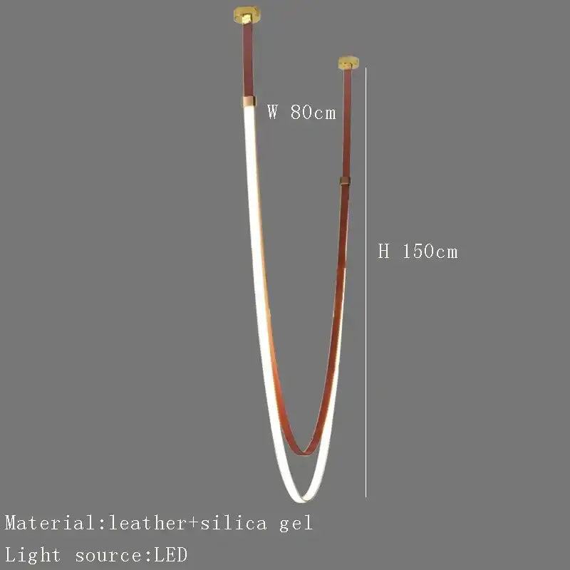 Modern white and brown leather chandelier featuring a curved led belt pendant light with translucent silica gel casing
