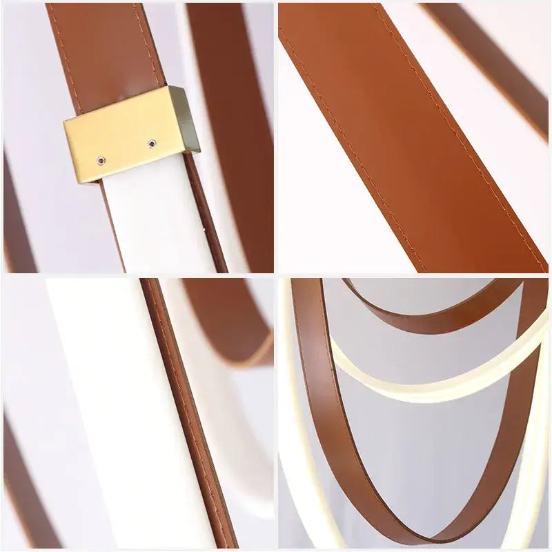 Modern white and brown leather chandelier with intertwined brown leather straps and glowing white led belt pendant light