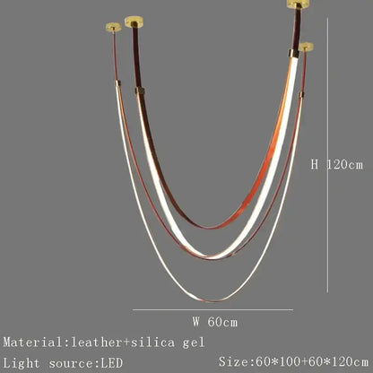 Modern white and brown leather chandelier with three curved translucent bands in leather and silica gel belt pendant light