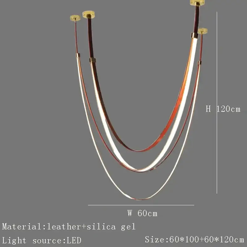 Modern white and brown leather chandelier with three curved translucent bands in leather and silica gel belt pendant light