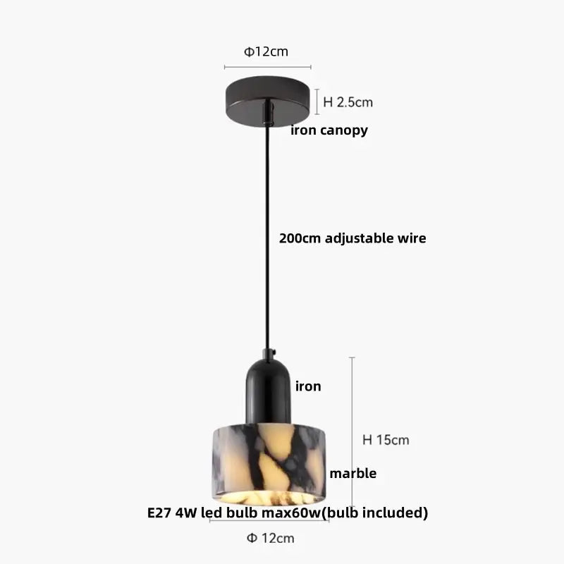 Modern white and brown marble glass pendant lamp with black iron and bulgari stone led shade for dining room decor
