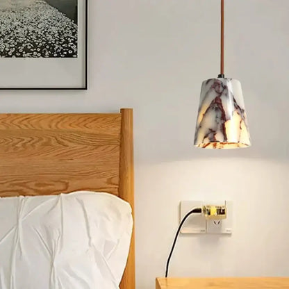 Modern white and brown marble glass pendant lamp with conical shade on thin cord for dining room decorbites bulgari stone led
