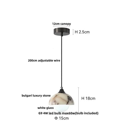A sleek black pendant lamp with 12cm canopy, adjustable wire, and white brown marble decorbites bulgari stone shade