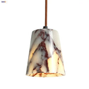 A modern white and brown marble glass pendant lamp with a cone-shaped shade and textured brown cord for dining room decorbites bulgari stone led