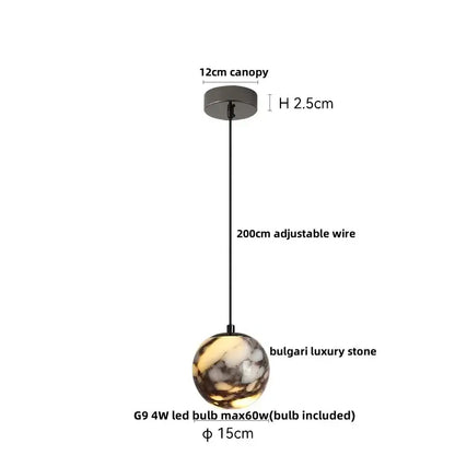 Modern white and brown marble glass pendant lamp with a 15cm decorbites bulgari stone led globe for dining room decor