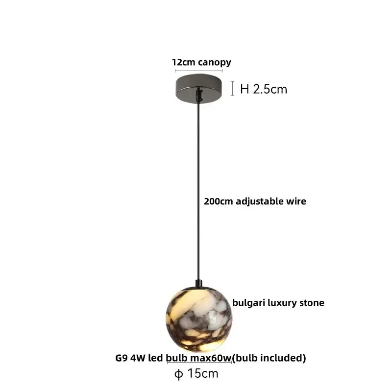 Modern white and brown marble glass pendant lamp with a 15cm decorbites bulgari stone led globe for dining room decor