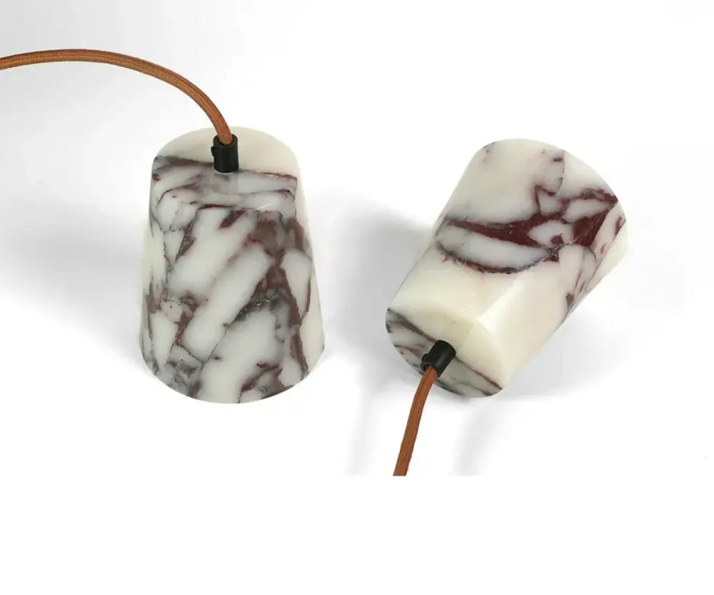 Two elegant cylindrical table lamps with white and marbled brown bulgari stone resin bodies for modern decorbites pendant lamp settings