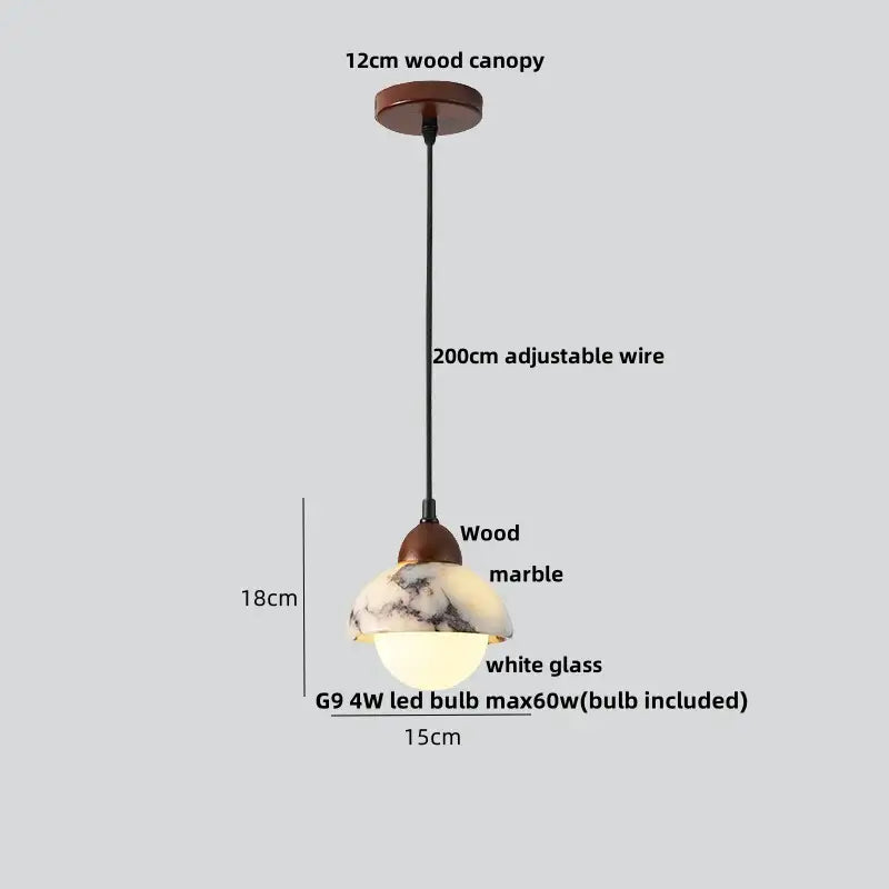 Modern white and brown marble glass pendant lamp with 12cm wooden canopy and adjustable wire for dining room decorbites bulgari stone