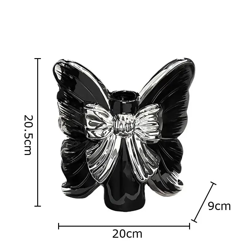 Black ceramic butterfly ceramic vase with silver metallic bow centerpiece for modern bedroom decorbites butterfly ceramic design