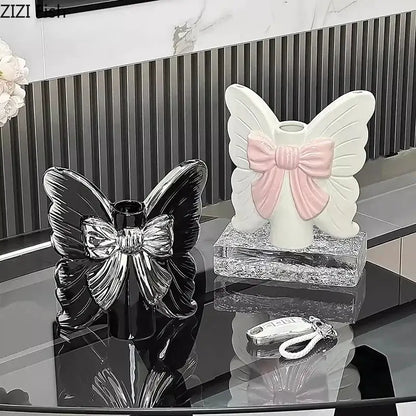 Modern white butterfly ceramic vase with pink bow featuring black and white ceramic butterfly candle holders decorbites butterfly ceramic