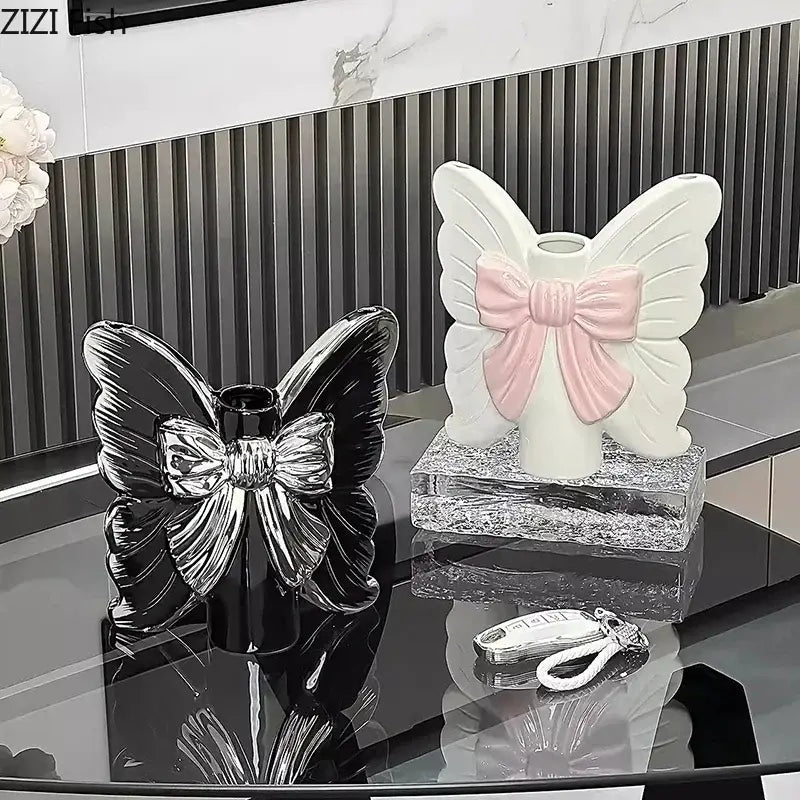 Modern white butterfly ceramic vase with pink bow featuring black and white ceramic butterfly candle holders decorbites butterfly ceramic
