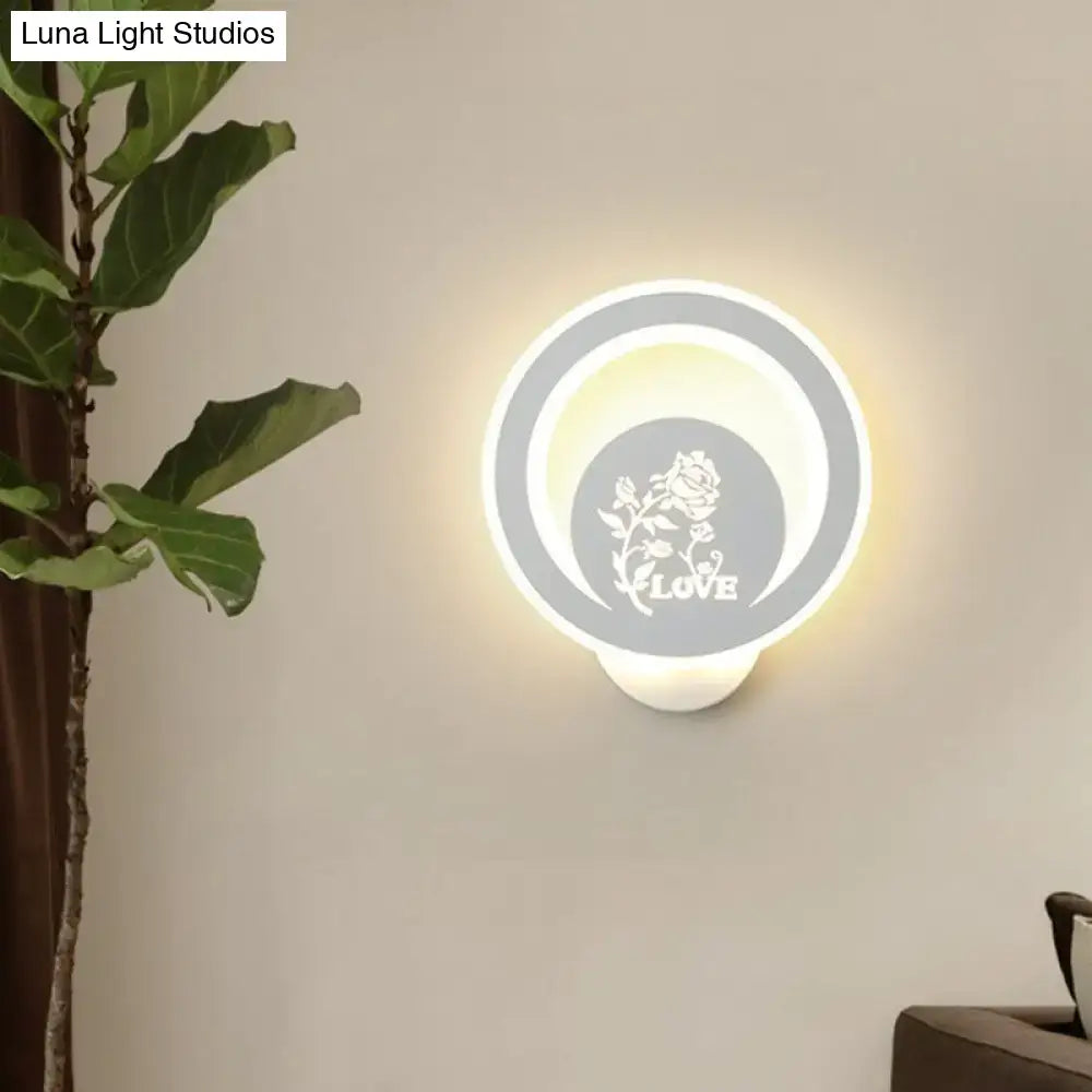 Modern white cartoon dog led wall light fixture 110v-120v with matte gray circular sconce and engraved love rose design