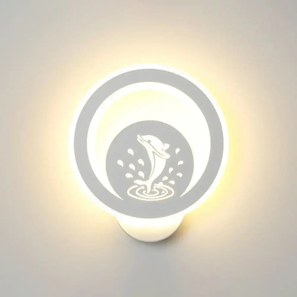 A modern white cartoon dog led wall light fixture 110v-120v with gray dolphin etched design and soft glowing illumination