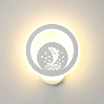A modern white cartoon dog led wall light fixture 110v-120v with gray dolphin etched design and soft glowing illumination