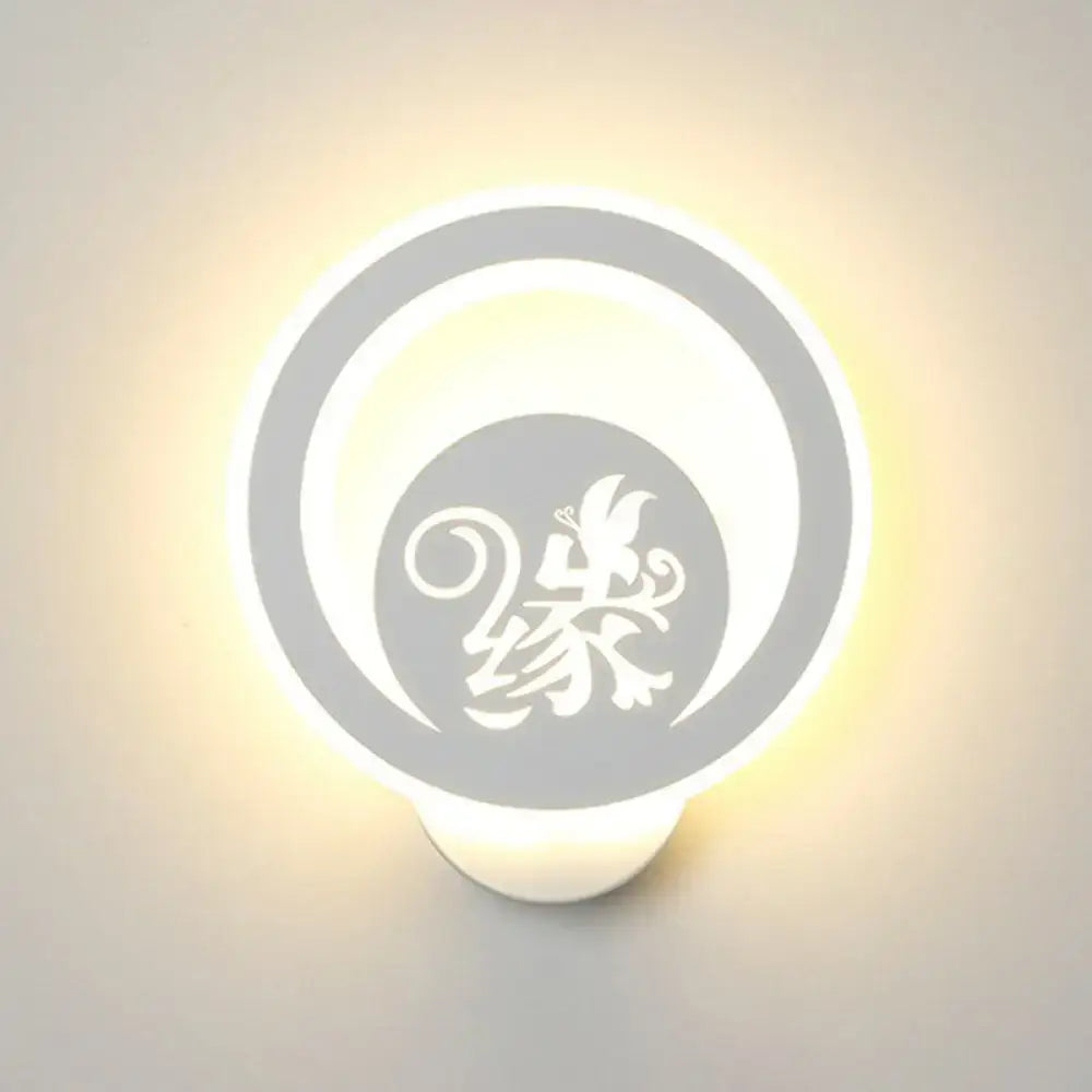 Modern 110v-120v white led wall light fixture with circular gray design featuring bird and chinese character cut-out patterns