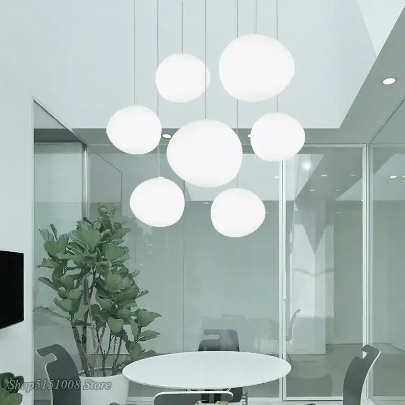 Modern white cascading glass pendant light with spherical glass pendant lights for dining room and office use