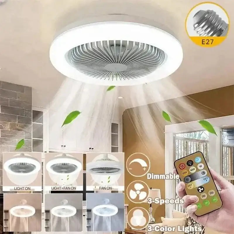 Modern white ceiling fan light with e27 socket featuring a sleek circular design for bedroom use