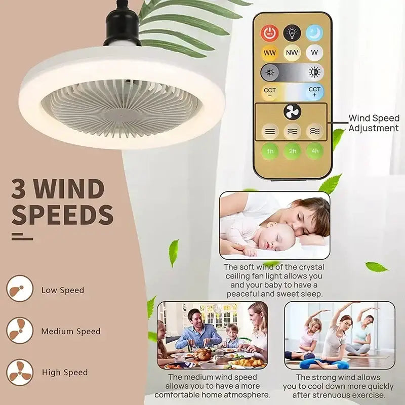 Modern white ceiling fan light with integrated e27 socket and remote control for adjustable wind speed settings
