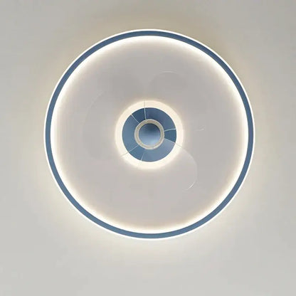 Modern white ceiling fan with led light featuring a circular ceiling light with white diffuser and blue accent rings decorbites ceiling fan