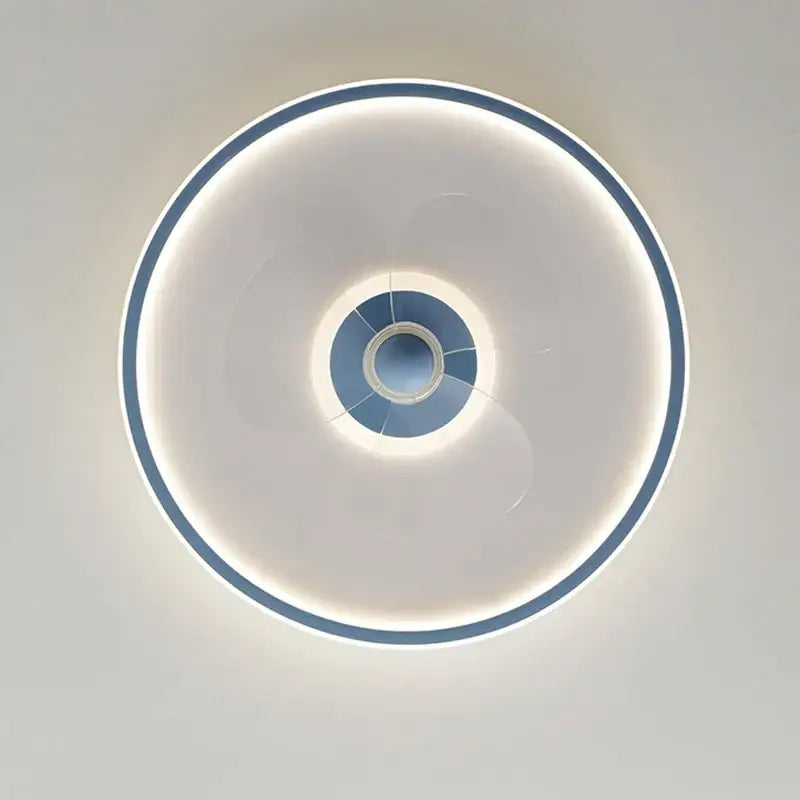 Modern white ceiling fan with led light featuring a circular ceiling light with white diffuser and blue accent rings decorbites ceiling fan