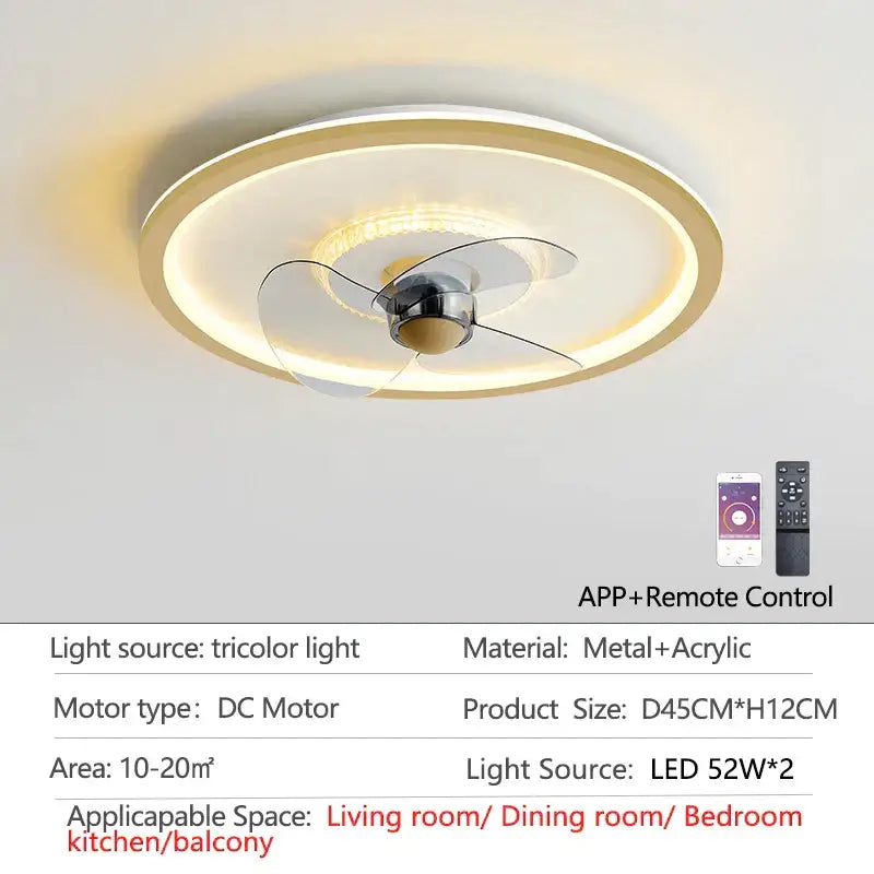 Modern white ceiling fan with led light featuring a sleek metallic center and transparent blades for bedroom decorbites ceiling fan