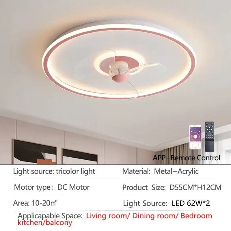 Modern white decorbites ceiling fan with led light and transparent blades made of metal and acrylic for bedroom decor