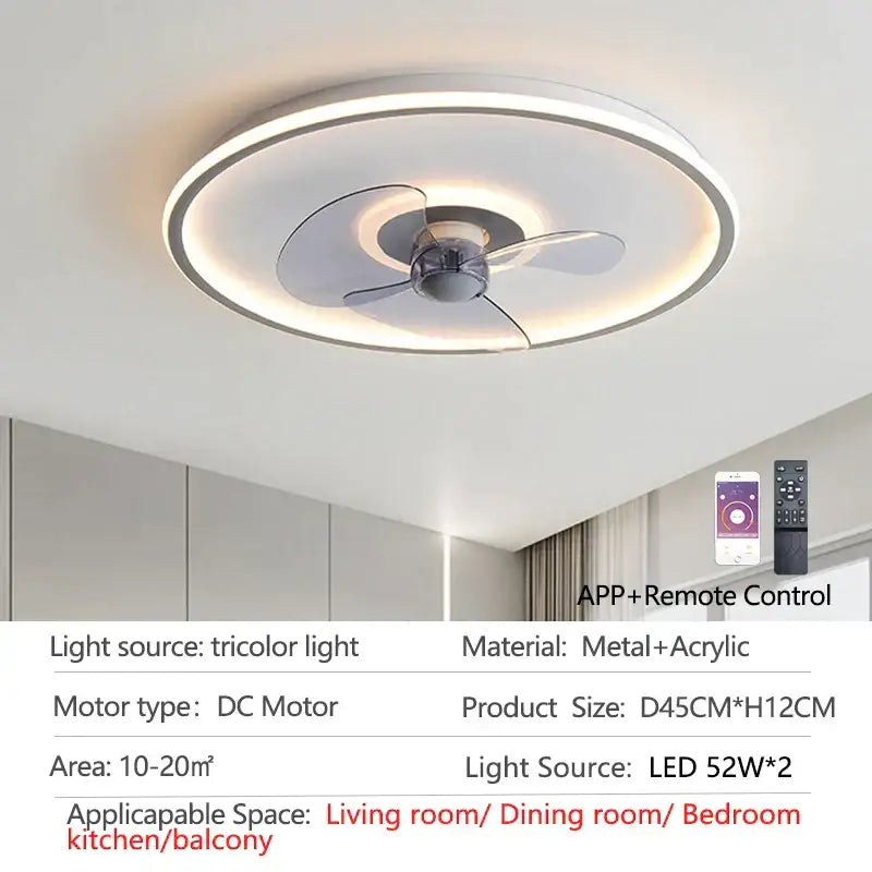 Modern white ceiling fan with led light and transparent blades featuring sleek metallic and acrylic design decorbites ceiling fan